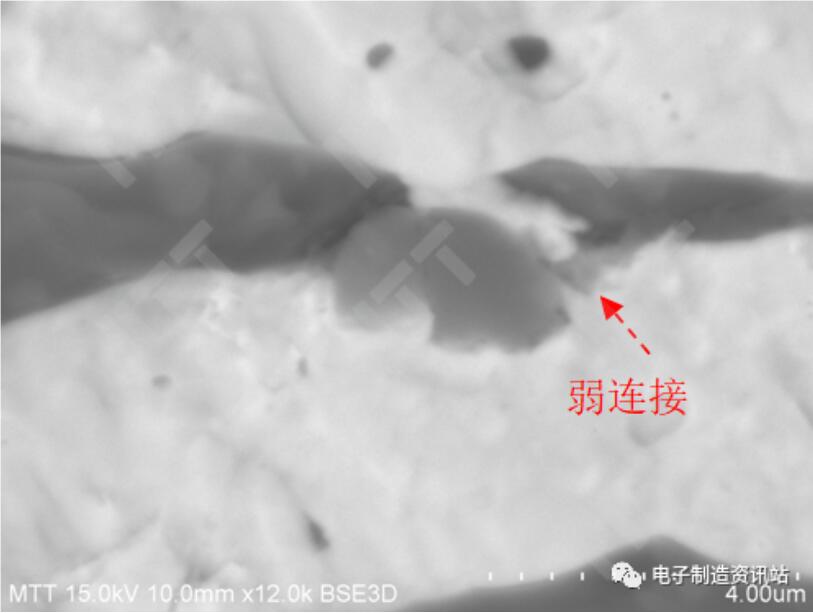 NG樣品第5層與第6層連接三明治結(jié)構(gòu)弱連接部位