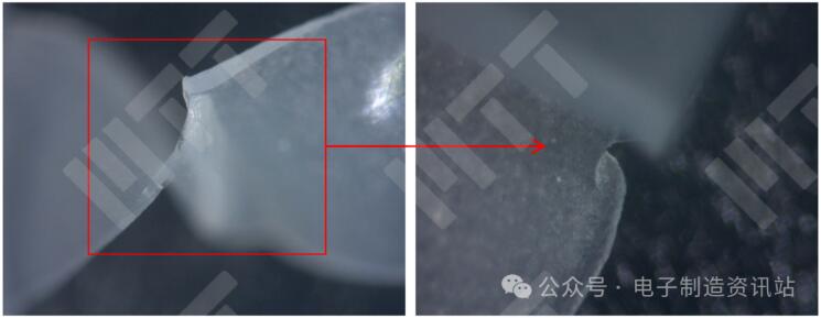 NG ECU 拆下來蓋板上密封圈連接處扭曲位置的體視顯微鏡圖片