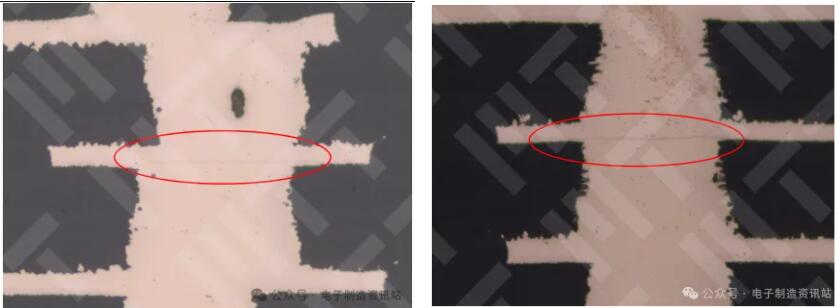 1#PCBA切片的第8排切片截面發(fā)現(xiàn)PCB的埋孔有裂紋